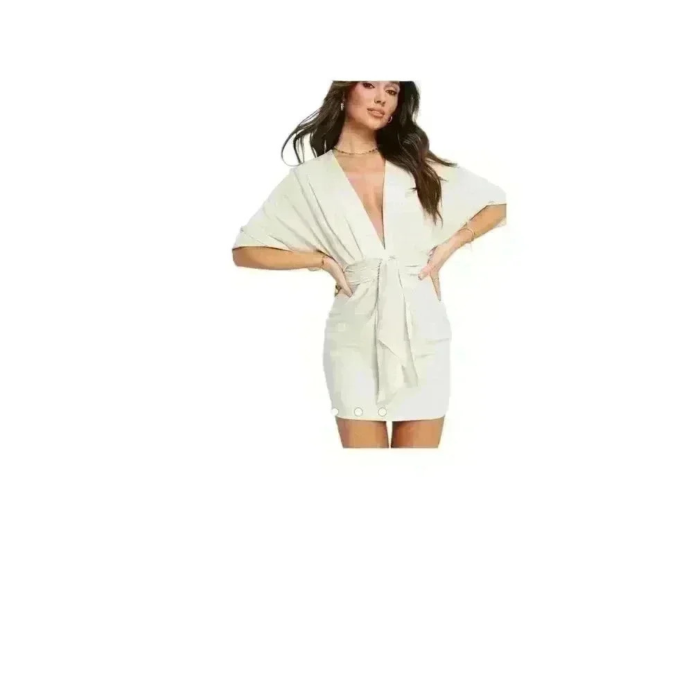 ASOS DESIGN batwing tie front linen mini dress in natural  Size:8